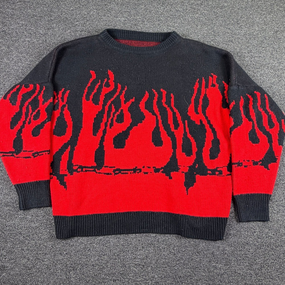 Unbranded Sweater Mens XL Flame Print Black Red Oversized Crew Neck EUC